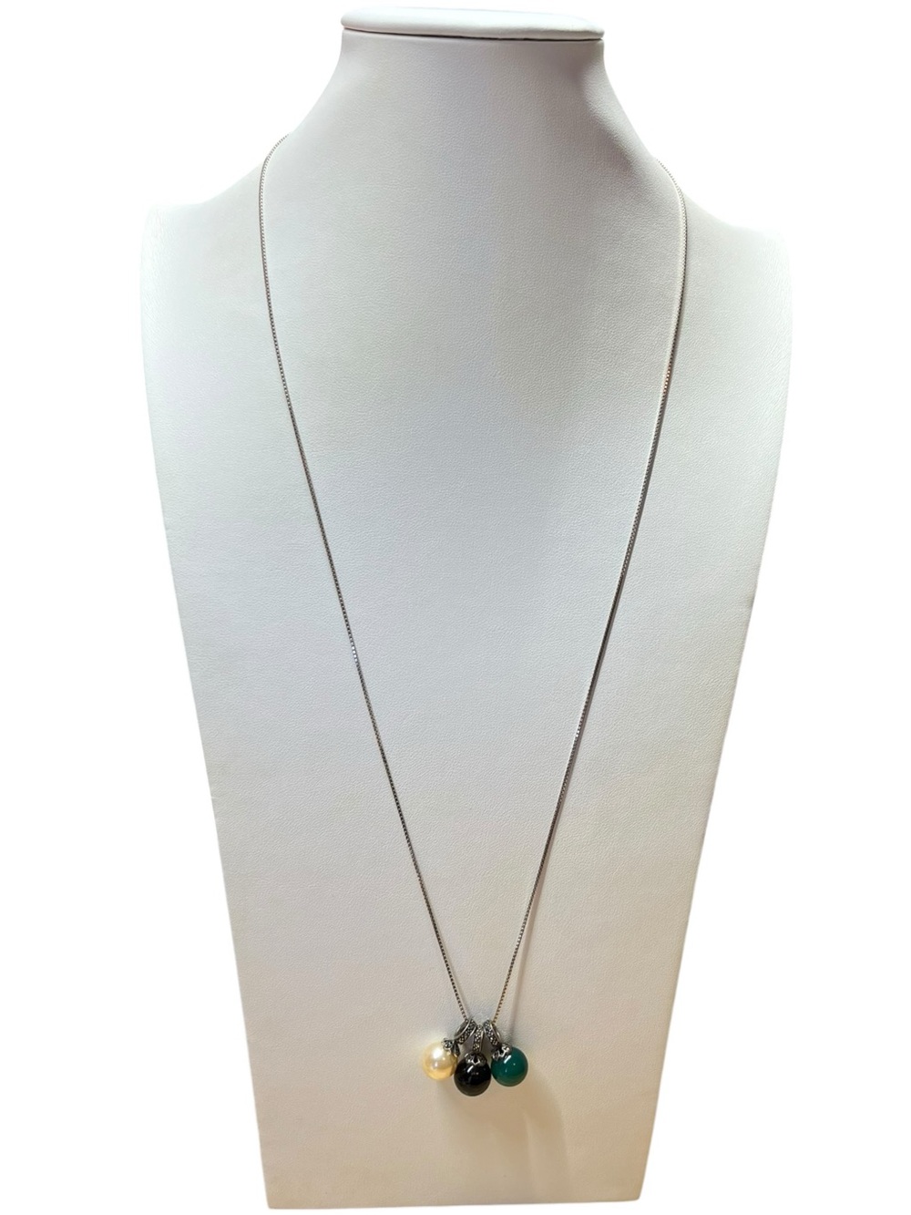 Vintage Sterling Silver Slide Charm Pearl Onyx and Green Chalcedony Necklace